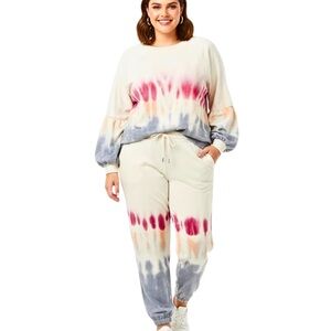 TIE DYE JOGGER 2 PC. SET Boho Hippie Loungewear Soft Fleece White Red L/XXL